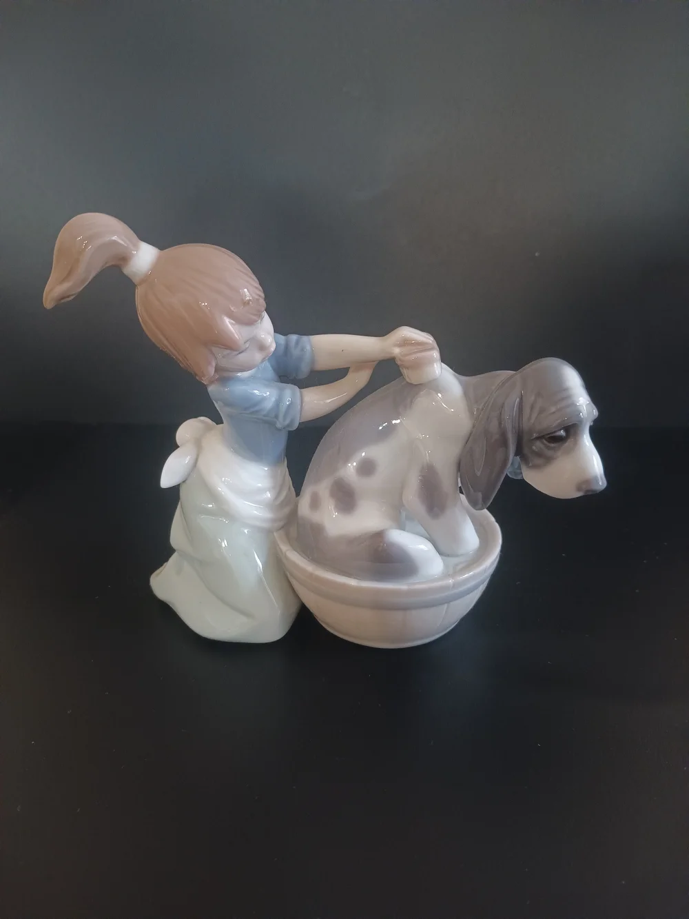 LLADRÓ Bashful Bather Porcelain Girl Bathing Dog Figurine - White, Gray, Brown